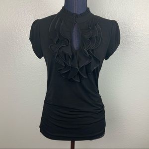 BIG STRIKE Black Keyhole Blouse with Front Ruffles